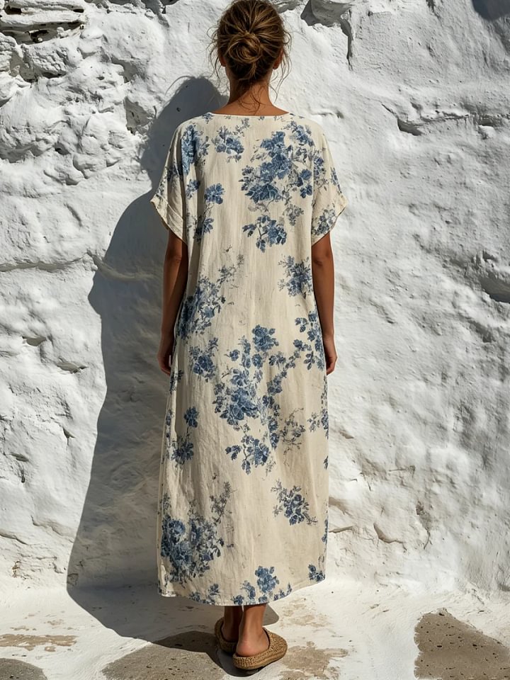 Vestido Maxi Vintage Menina em Algodão e Linho com Estampado Floral