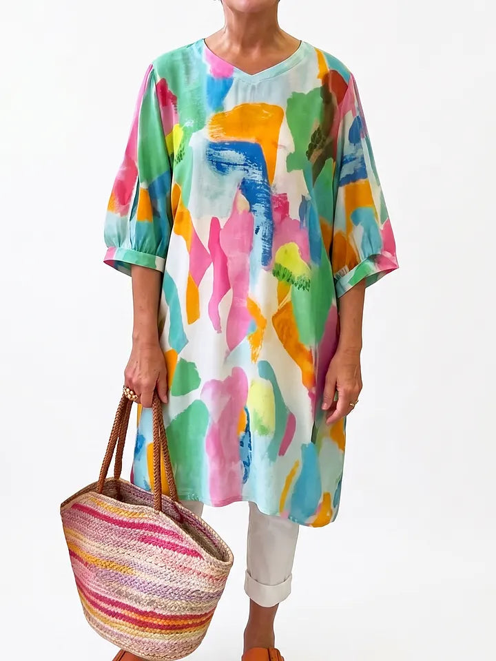 Camisa Longa em Algodão e Linho com Estampado Artístico em Aquarela e Decote em V