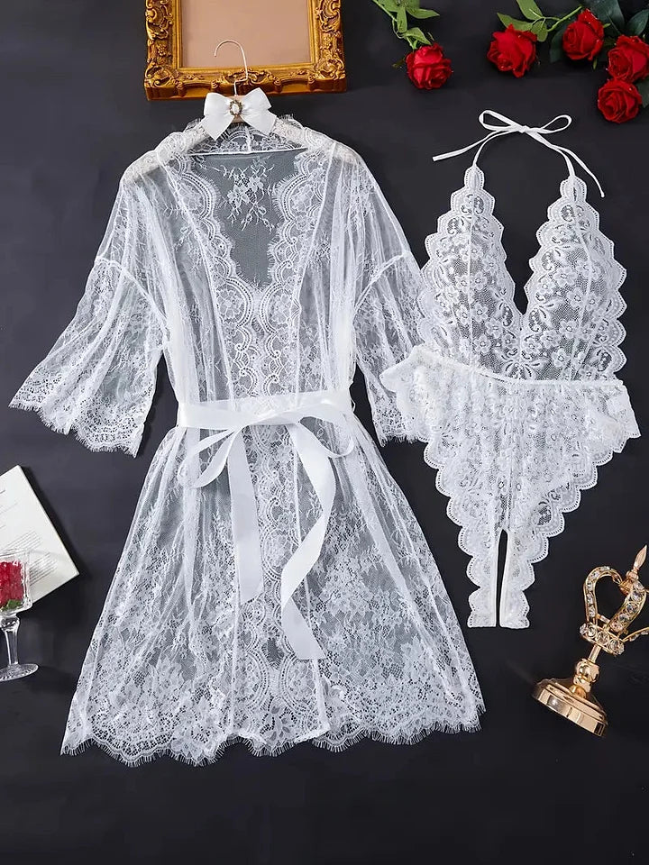 Conjunto de camisola de renda para mulher