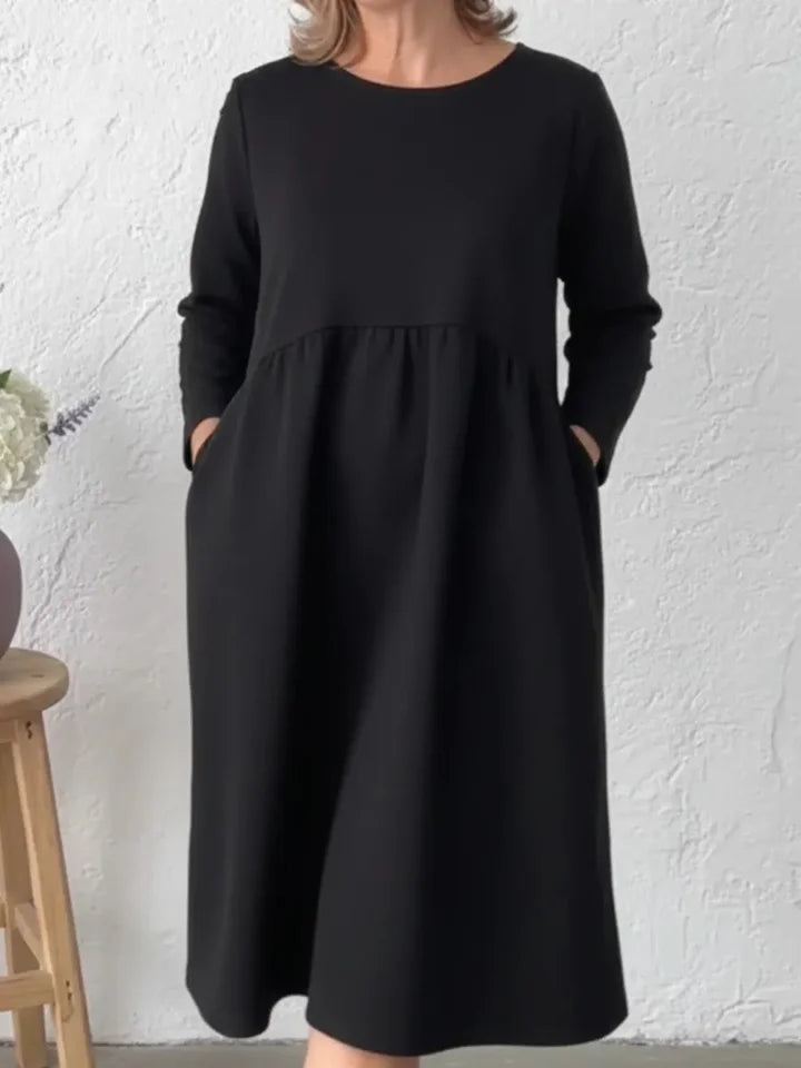 đVestido midi largo para mulher com decote redondo e bolsos â conforto sem esforço e elegância para o dia a diaâ¨