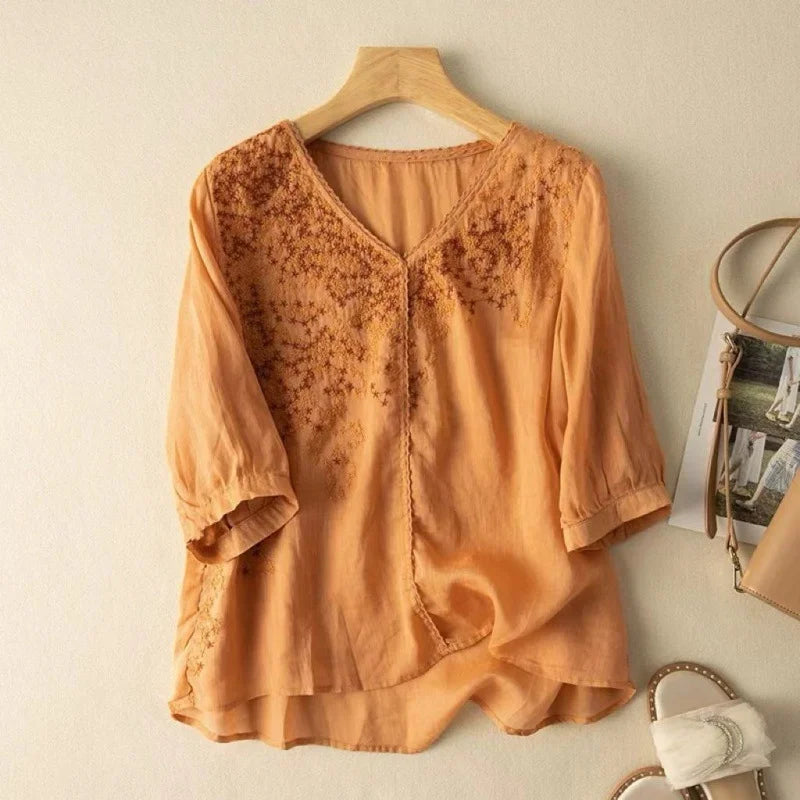 đ„ăM-3XLăCamisa solta de renda bordada para mulher