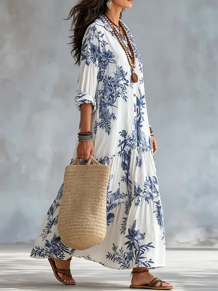 Vestido retro boho de algodão com estampado floral azul