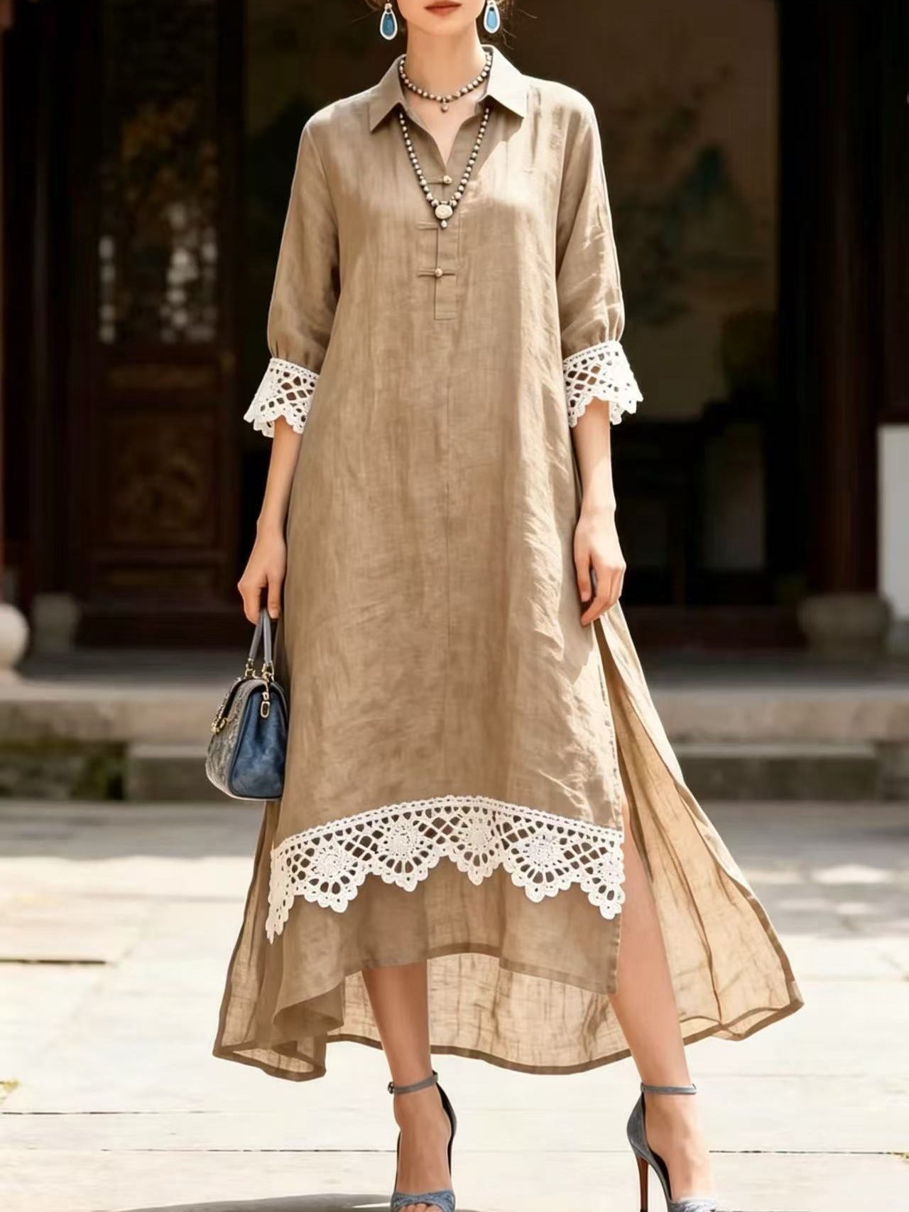 Vestido de renda patchwork em cor sólida emana elegância
