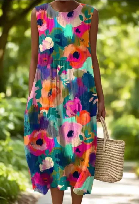 Vestido de menina sem mangas com decote redondo, confecionado em algodão e linho.