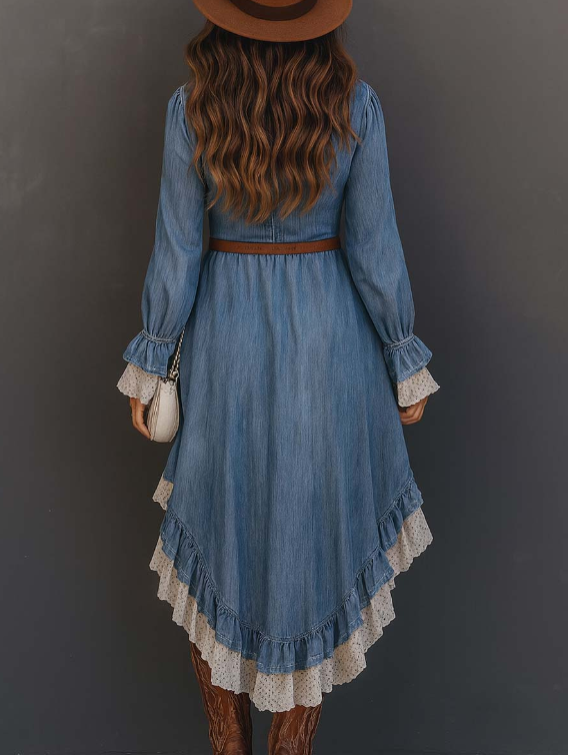 Vestido midi de ganga com barra irregular e detalhes em renda 2025