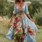 Vestido comprido vintage floral para mulher com decote em V em mistura de linho 2025