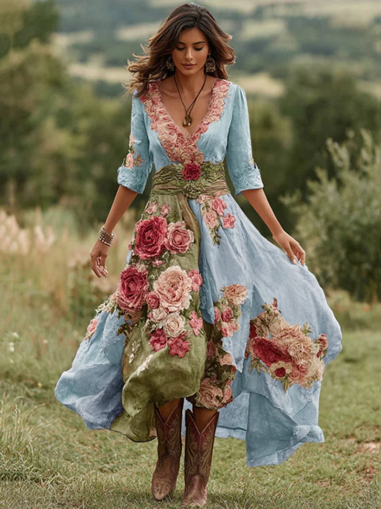 Vestido comprido vintage floral para mulher com decote em V em mistura de linho 2025