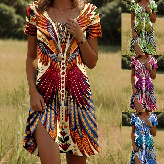 Vestido estampado com gola redonda e manga curta