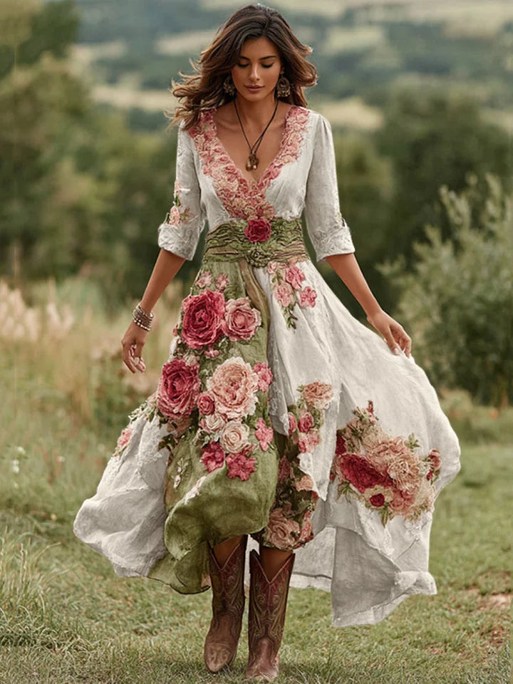 Vestido comprido vintage floral para mulher com decote em V em mistura de linho 2025