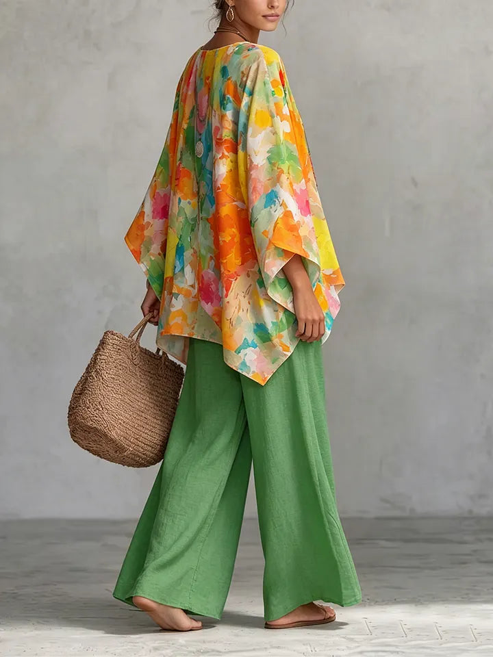 Conjunto de duas peças em algodão e linho com estampado floral retro.