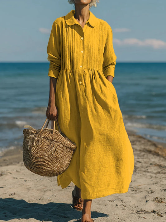 Vestido casual de mulher em linho e algodão com bolso plissado