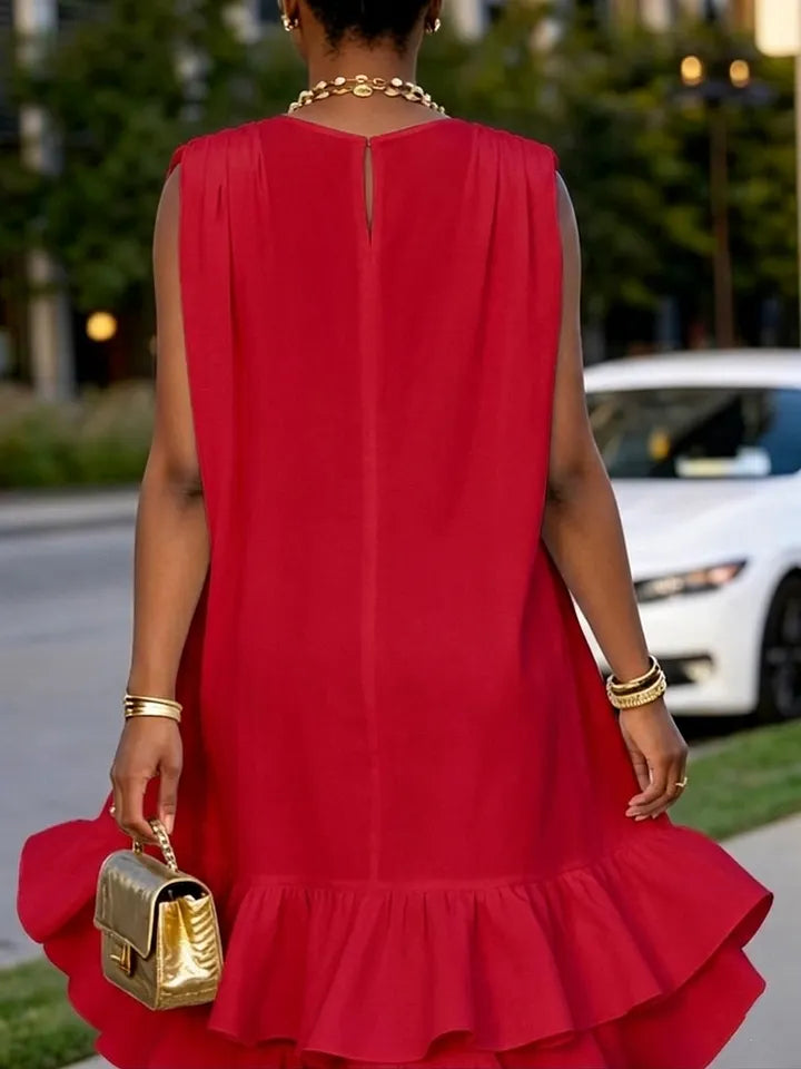 Vestido midi assimétrico com folhos, elegante e perfeito para festas de férias