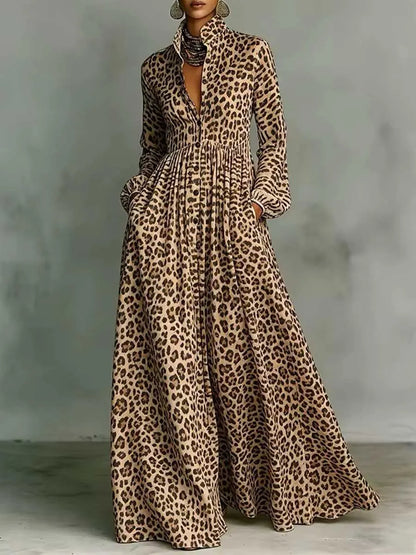 Vestido Casual de Mulher de Manga Comprida, Modelagem Solta em Linha A, com Gola Camisola e Estampado Leopardo