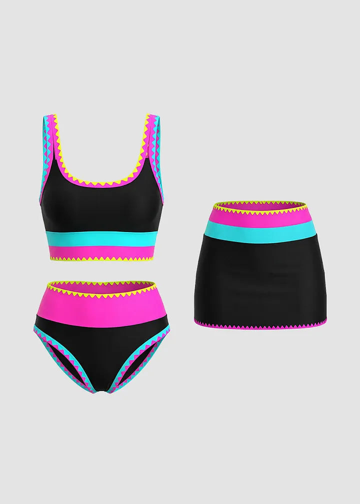 ✨Conjunto de biquíni desportivo de 3 peças em nylon, colorido e de alto contraste