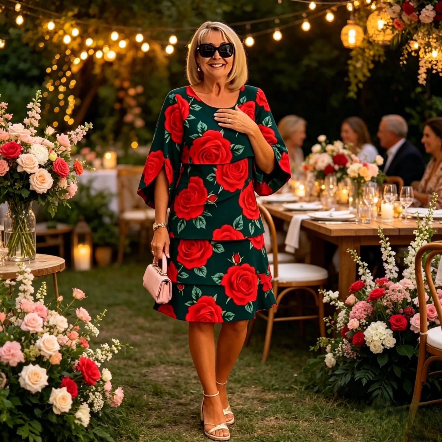 Um vestido largo de verão com estampado rosa, fluido