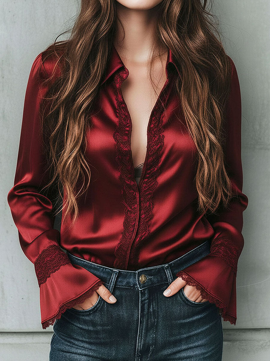 Uma elegante blusa de cetim cor de vinho com mangas largas e detalhes em renda 2025