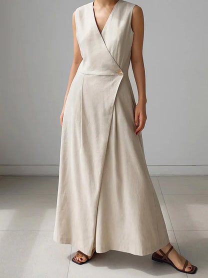 Vestido de mulher de linho casual, solto e sem mangas