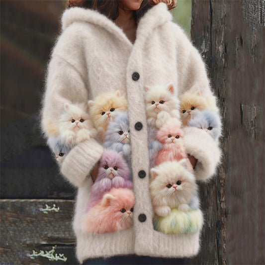 Cardigan com capuz fofo, macio e colorido com estampado de gatos