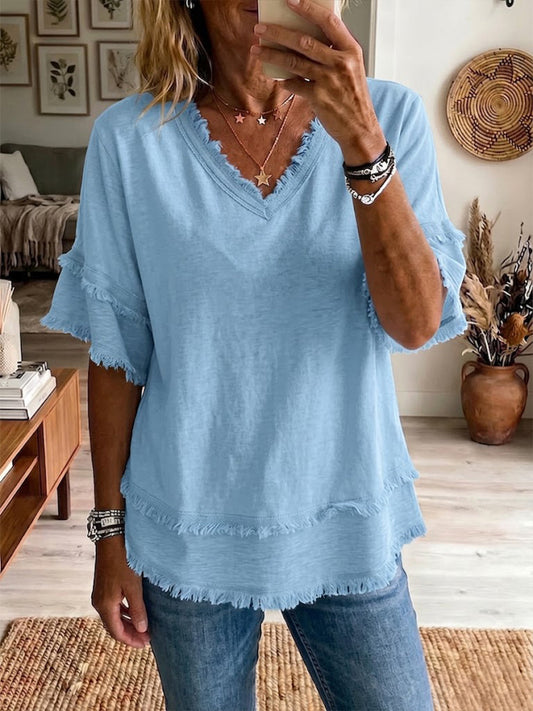 Blusa casual de linho misto com manga curta e bainha desfiada