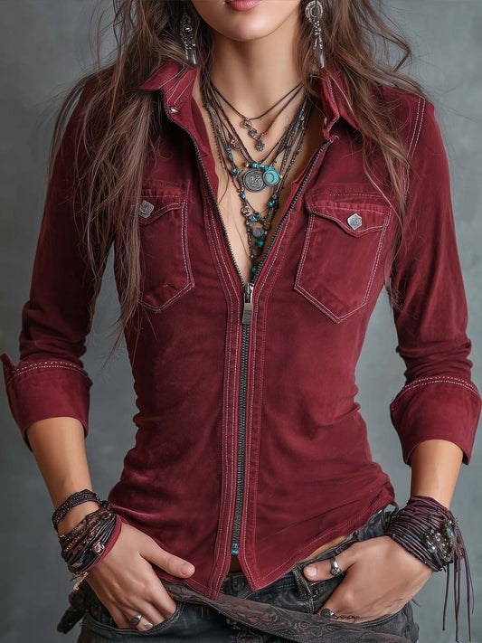 Camisola vintage de ganga com fecho, gola e bolsos, com efeito desgastado