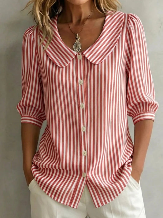 🔥 Camisa de senhora retro às riscas em algodão e linho com gola Peter Pan