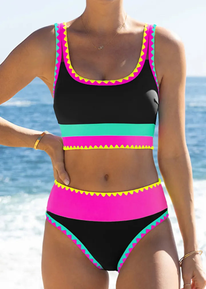 ✨Conjunto de biquíni desportivo de 3 peças em nylon, colorido e de alto contraste