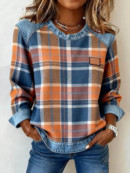 Sweatshirt casual de mulher de gola redonda em ganga com estampa xadrez e patchwork