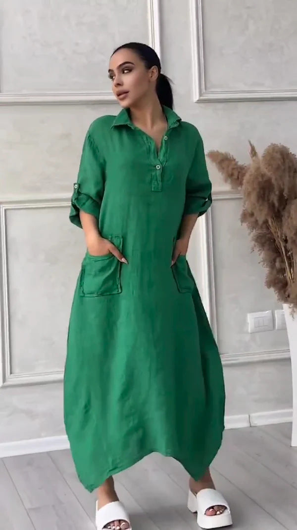 Vestido comprido de senhora em linho e algodão com lapelas