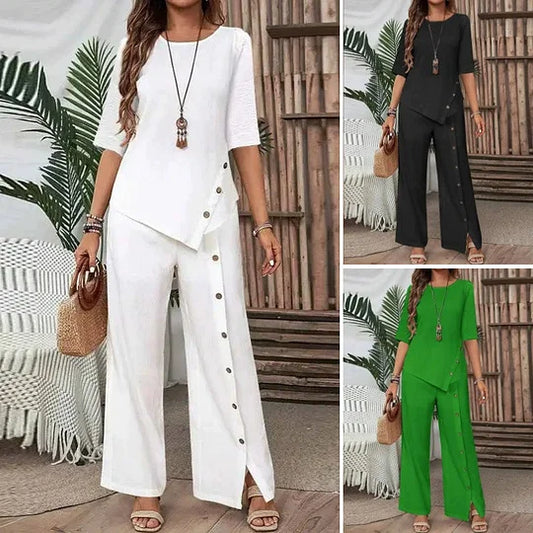 ⏰Conjunto de duas peças para mulher: blusa com bainha irregular e calças pantalona