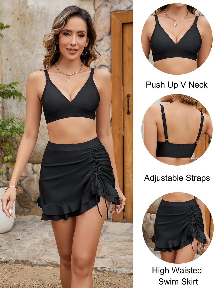 👙Biquíni de mulher de cintura subida com estampado xadrez que modela a barriga