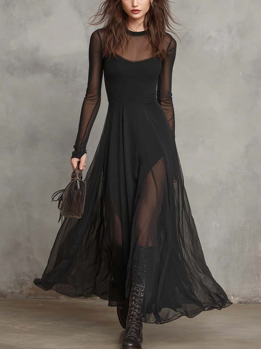 Vestido maxi retro com decote redondo e tecido transparente.