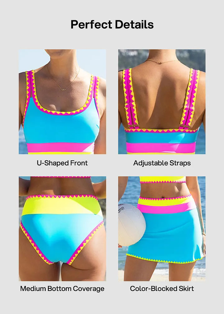 ✨Conjunto de biquíni desportivo de 3 peças em nylon, colorido e de alto contraste