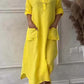 Vestido comprido de senhora em linho e algodão com lapelas