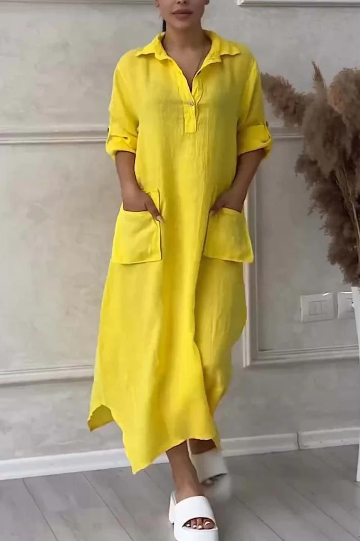 Vestido comprido de senhora em linho e algodão com lapelas