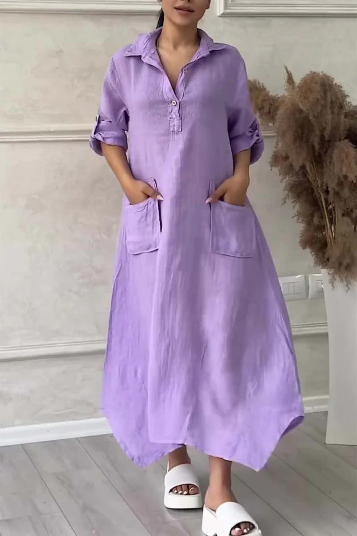 Vestido comprido de senhora em linho e algodão com lapelas