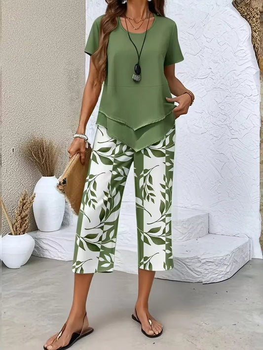 Calças Cropped e Top Estampados para Mulher – Conjunto Casual de Duas Peças