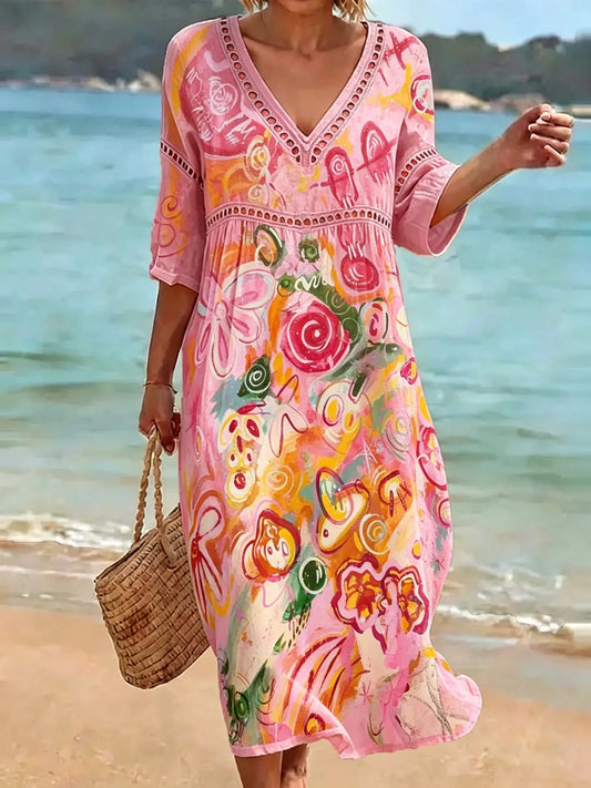 Vestido de festa com grafite colorido e decote em V
