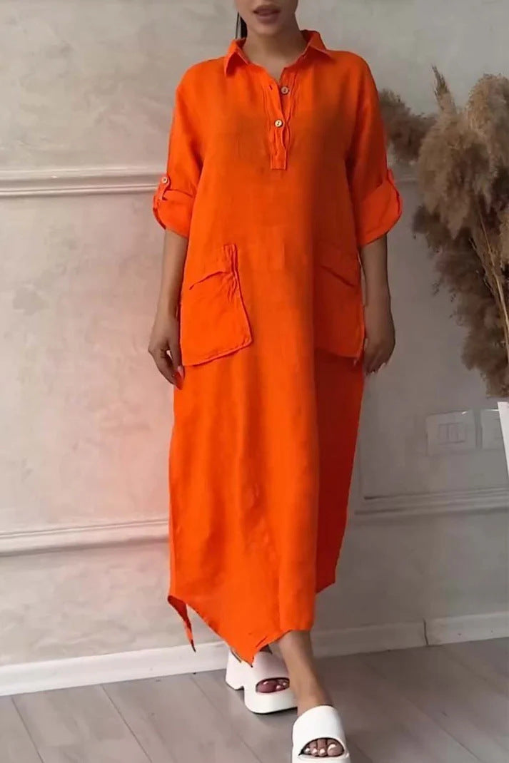 Vestido comprido de senhora em linho e algodão com lapelas