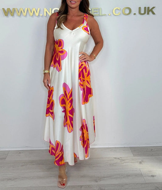 🌸Vestido comprido estampado feminino com decote em V e ombros de fora