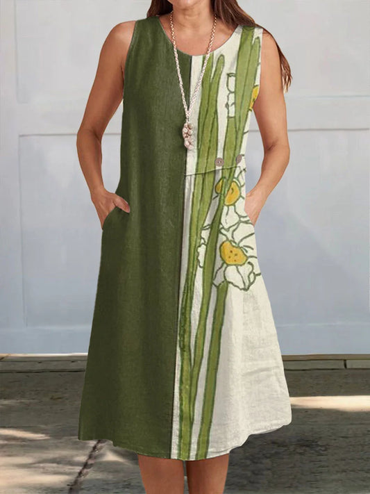 Vestido de algodão estampado com decote em V e sem mangas