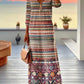 Vestido vintage comprido às riscas para mulher com gola longa e manga comprida para o dia a dia