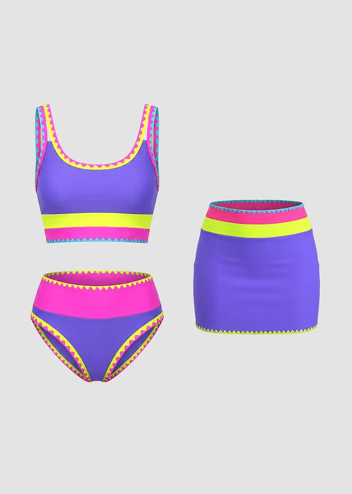 ✨Conjunto de biquíni desportivo de 3 peças em nylon, colorido e de alto contraste
