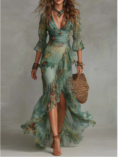 Vestido longo envelope floral retro romântico
