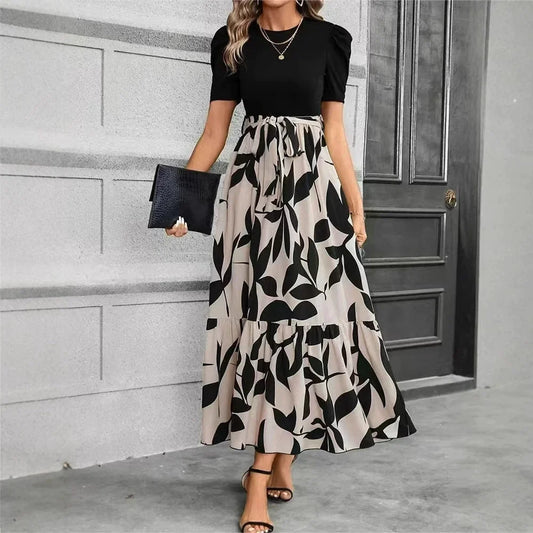 Vestido floral elegante com mangas curtas - decote redondo, roupa de mulher primavera verão