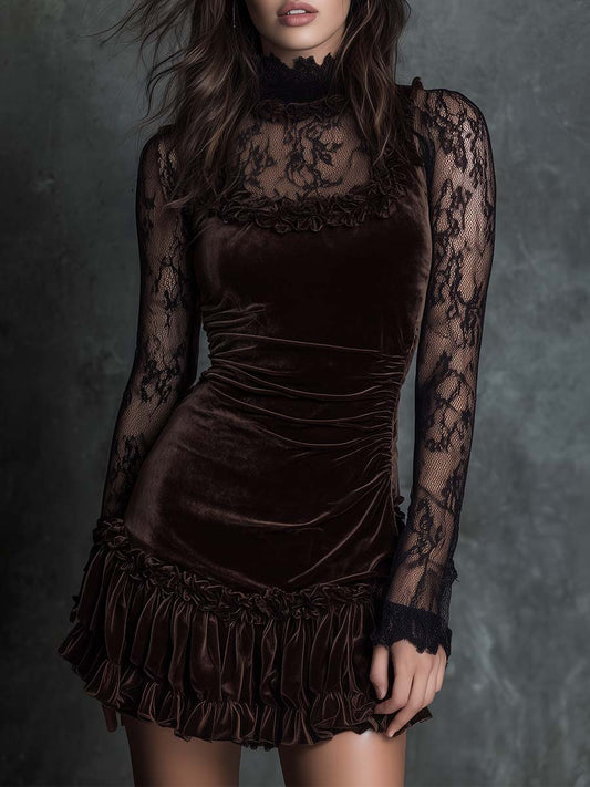 Vestido gótico em veludo plissado com renda