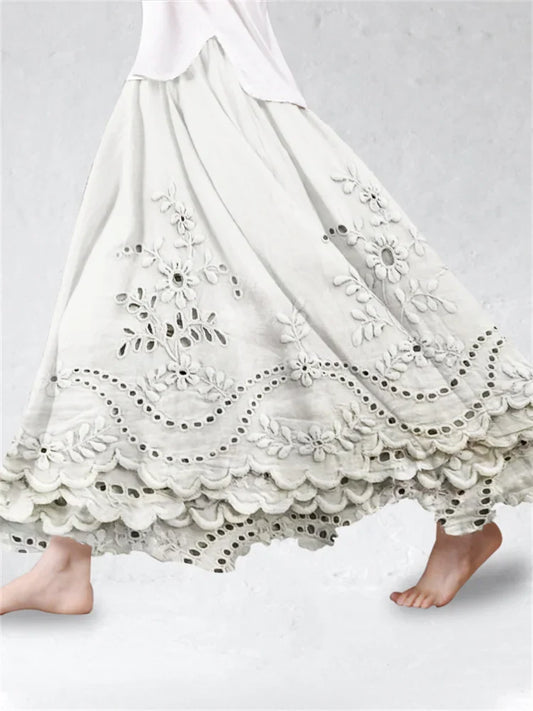 Saia de mistura de linho com renda bordada floral
