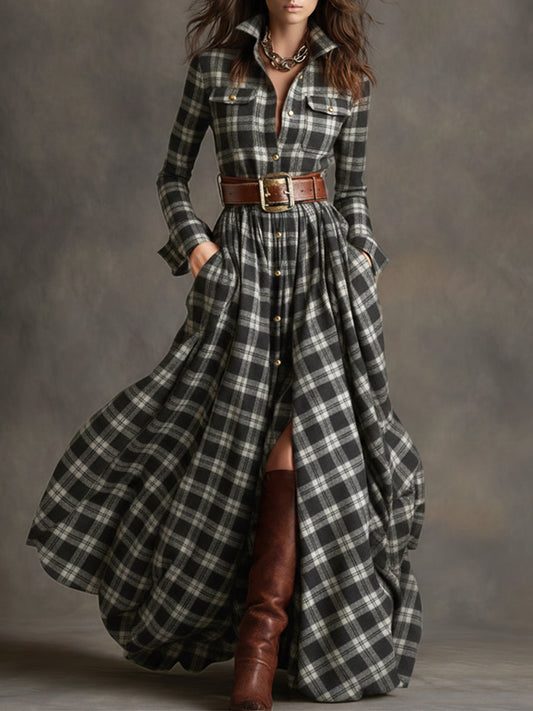 Vestido comprido xadrez castanho-avermelhado com gola estilo retro