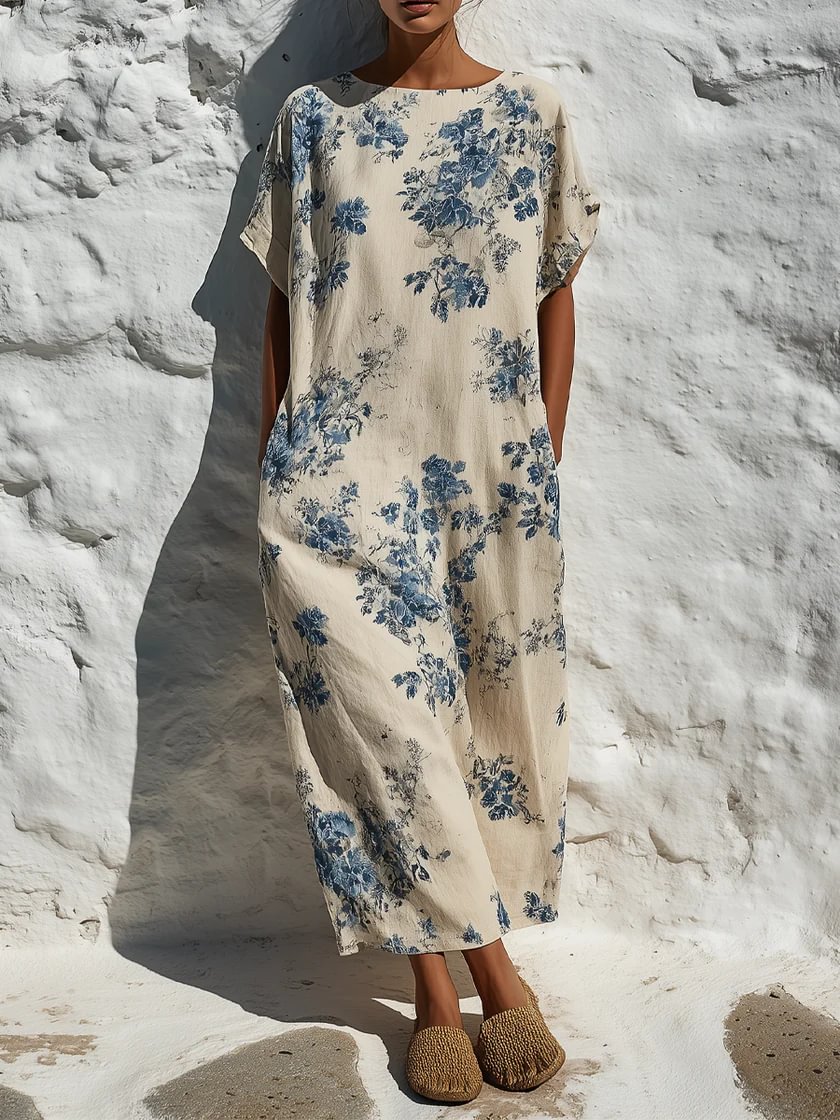 Vestido Maxi Vintage Menina em Algodão e Linho com Estampado Floral