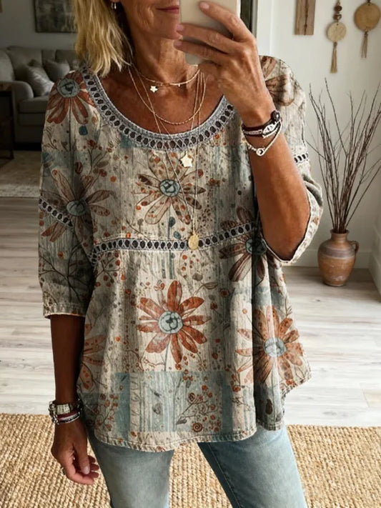 🌸Blusa casual para mulher com estampado floral vintage boémia e decote redondo com recortes