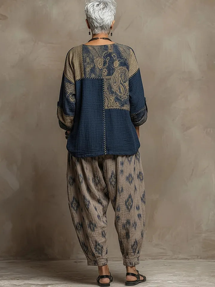 Conjunto de Duas Peças (Top e Calça) em Linho e Algodão com Estampado Paisley Boémia